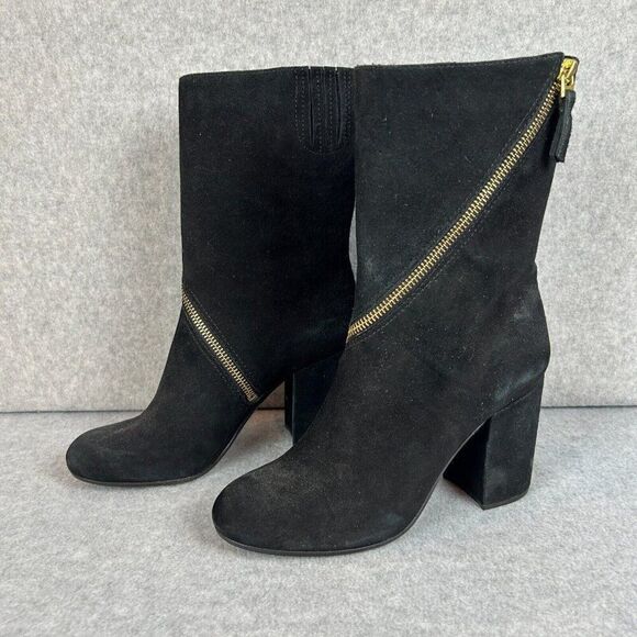 VC Vince Camuto Size 7 Black Suede Kardale Boots Gold Wrap Zipper Heeled Booties - Picture 2 of 12